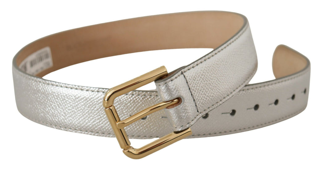 Dolce & Gabbana Silver Leather Gold Tone Logo Metal Waist Buckle Belt - Luxe & Glitz