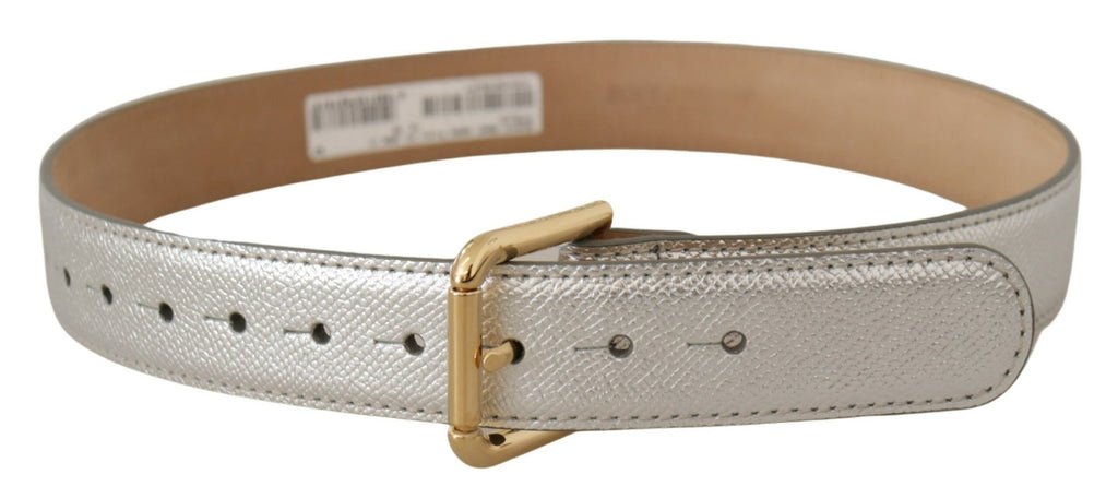 Dolce & Gabbana Silver Leather Gold Tone Logo Metal Waist Buckle Belt - Luxe & Glitz