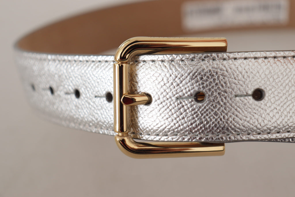 Dolce & Gabbana Silver Leather Gold Tone Logo Metal Waist Buckle Belt - Luxe & Glitz