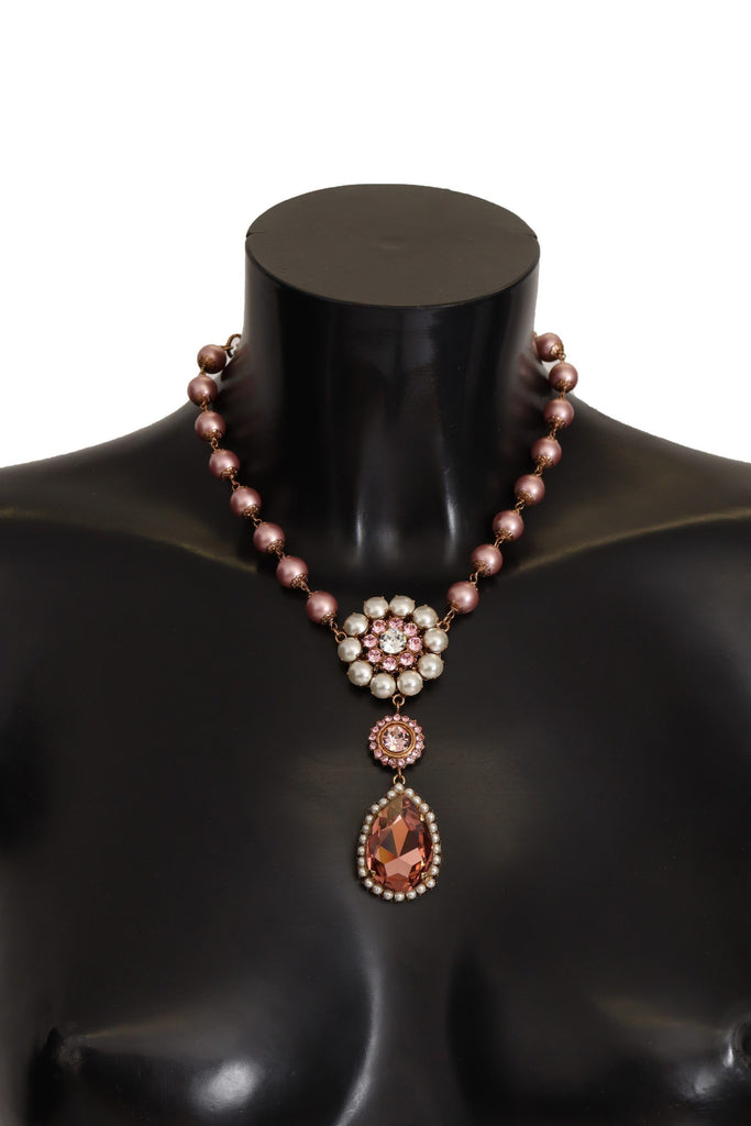 Dolce & Gabbana Gold Tone Brass Pink Beaded Pearls Crystal Pendant Necklace Dolce & Gabbana