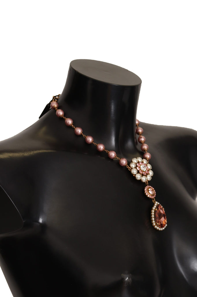 Dolce & Gabbana Gold Tone Brass Pink Beaded Pearls Crystal Pendant Necklace Dolce & Gabbana