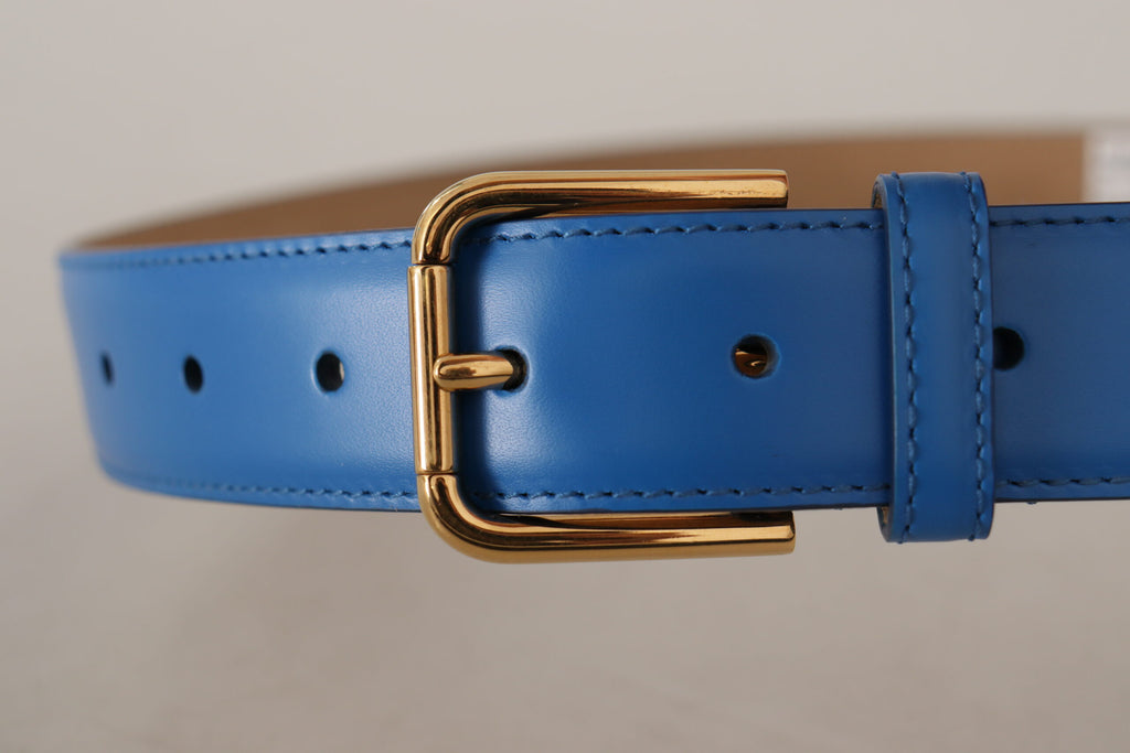 Dolce & Gabbana Blue Leather Gold Tone Logo Metal Waist Buckle Belt - Luxe & Glitz