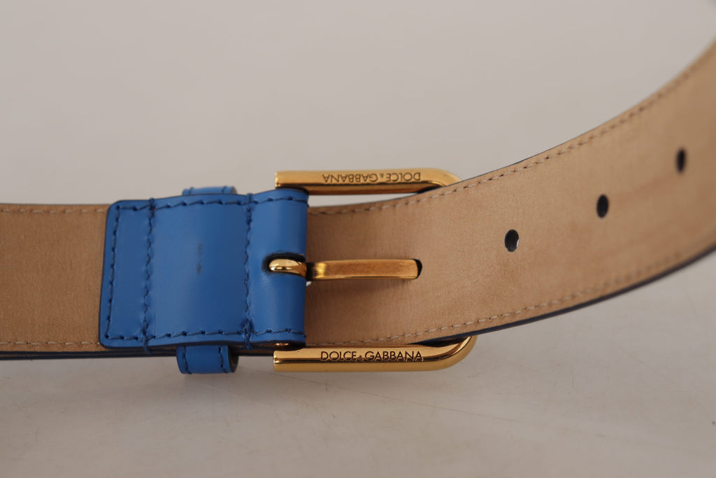 Dolce & Gabbana Blue Leather Gold Tone Logo Metal Waist Buckle Belt - Luxe & Glitz