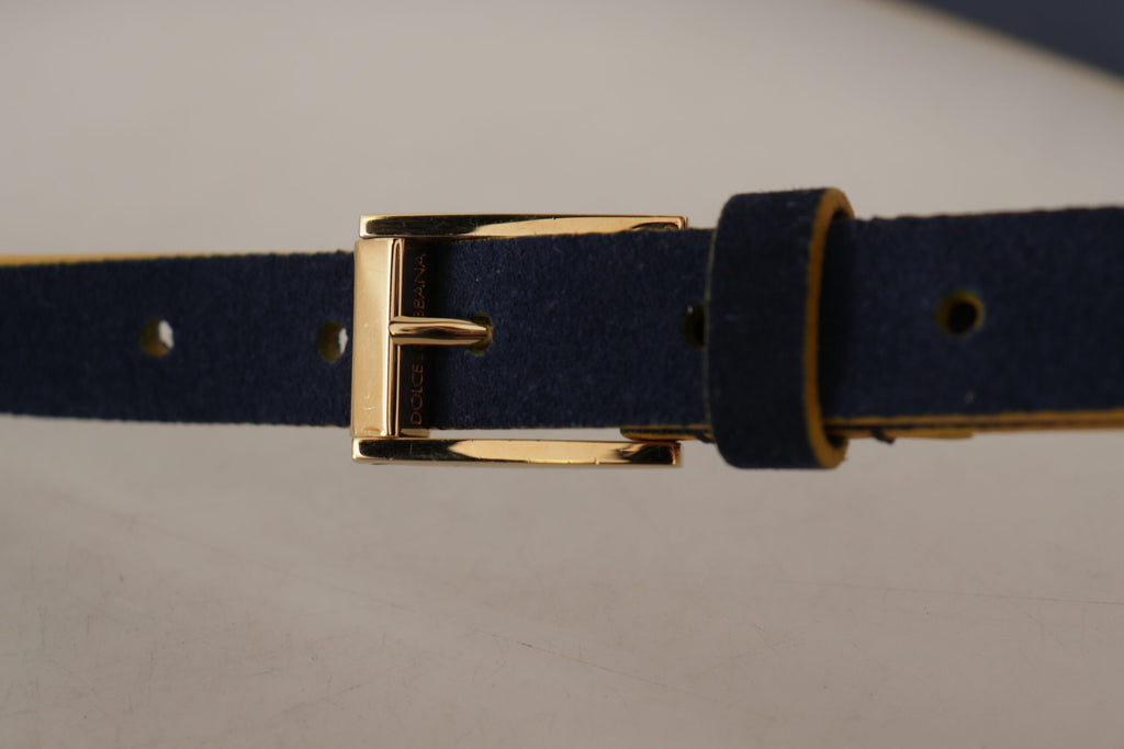 Dolce & Gabbana Blue Suede Yellow Gold Metal Logo Buckle Belt - Luxe & Glitz