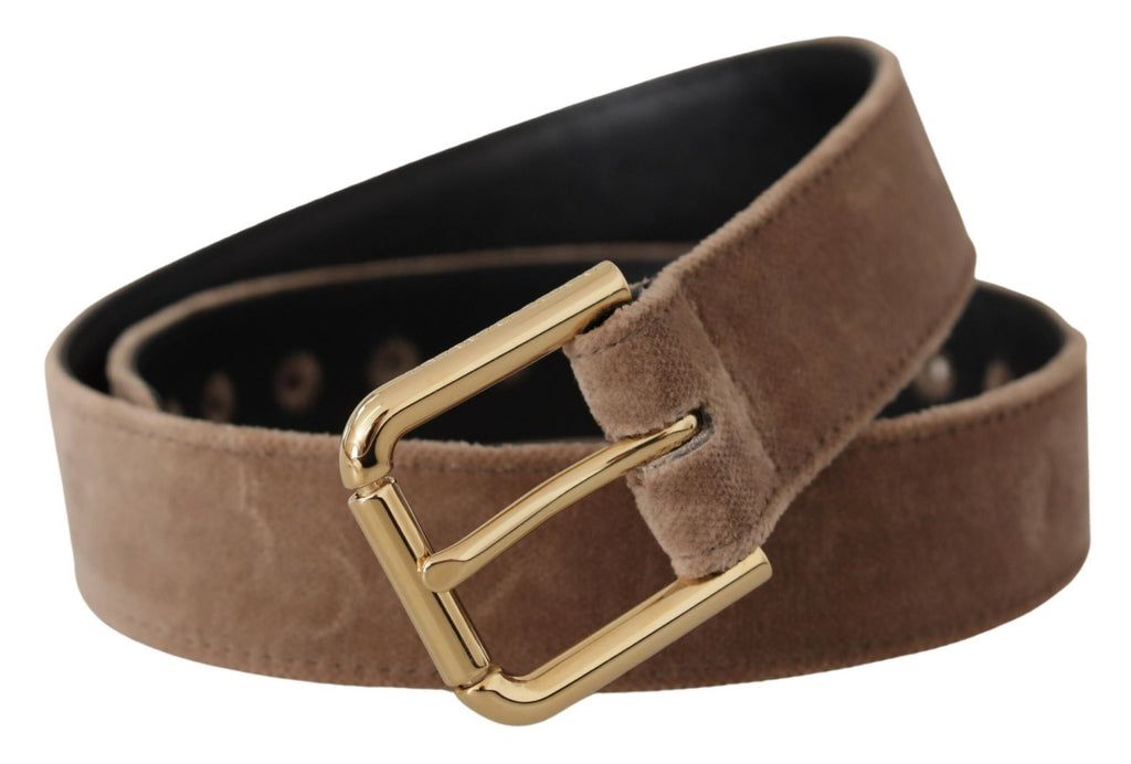 Dolce & Gabbana Light Brown Velvet Gold Tone Logo Metal Buckle Belt - Luxe & Glitz