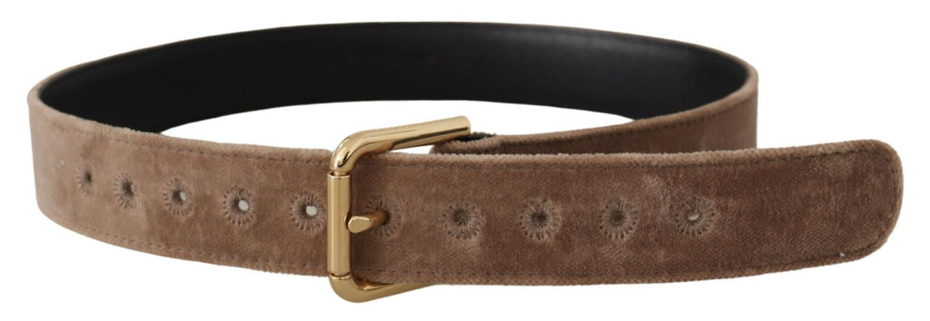 Dolce & Gabbana Light Brown Velvet Gold Tone Logo Metal Buckle Belt - Luxe & Glitz