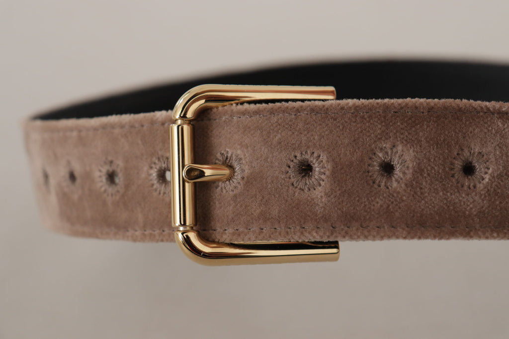 Dolce & Gabbana Light Brown Velvet Gold Tone Logo Metal Buckle Belt - Luxe & Glitz