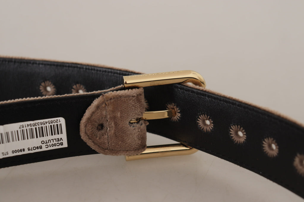 Dolce & Gabbana Light Brown Velvet Gold Tone Logo Metal Buckle Belt - Luxe & Glitz