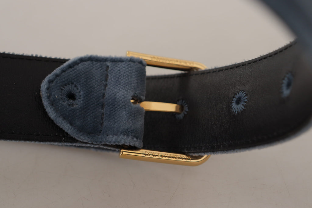 Dolce & Gabbana Navy Blue Velvet Gold Metal Logo Waist Buckle Belt - Luxe & Glitz