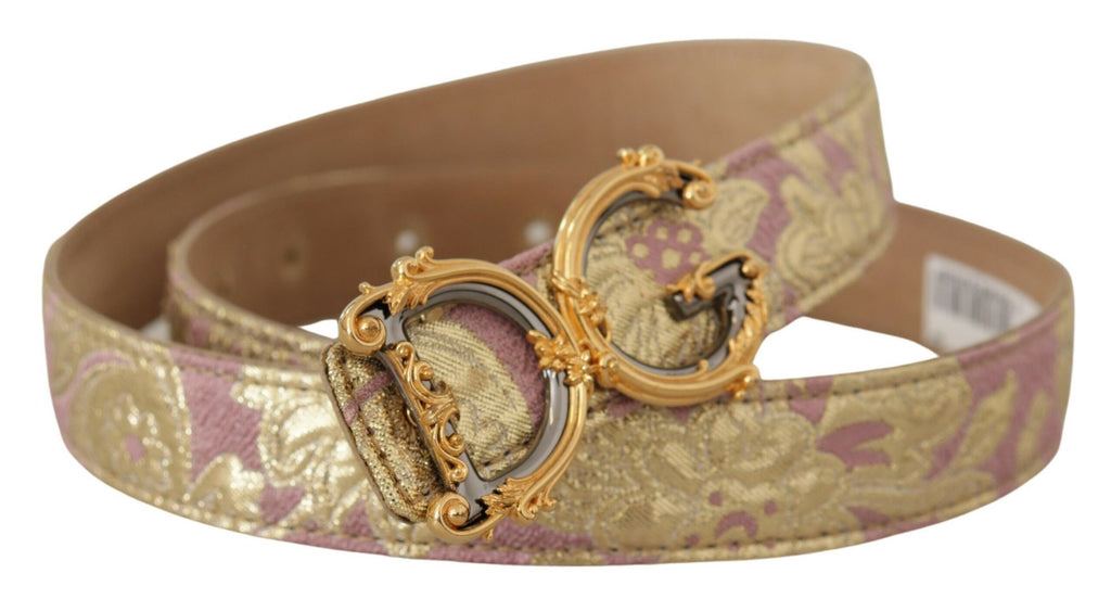 Dolce & Gabbana Rose Pink Jacquard DG Logo Gold Metal Buckle Belt - Luxe & Glitz