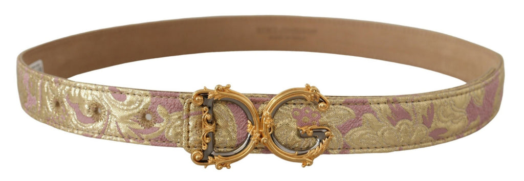 Dolce & Gabbana Rose Pink Jacquard DG Logo Gold Metal Buckle Belt - Luxe & Glitz