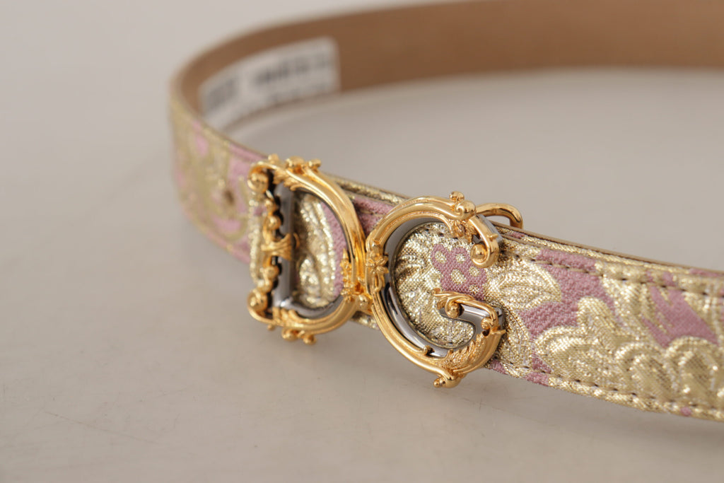 Dolce & Gabbana Rose Pink Jacquard DG Logo Gold Metal Buckle Belt - Luxe & Glitz