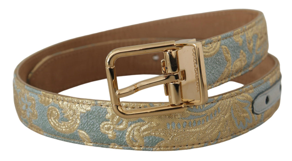 Dolce & Gabbana Blue Leather Jacquard Embossed Gold Metal Buckle Belt - Luxe & Glitz