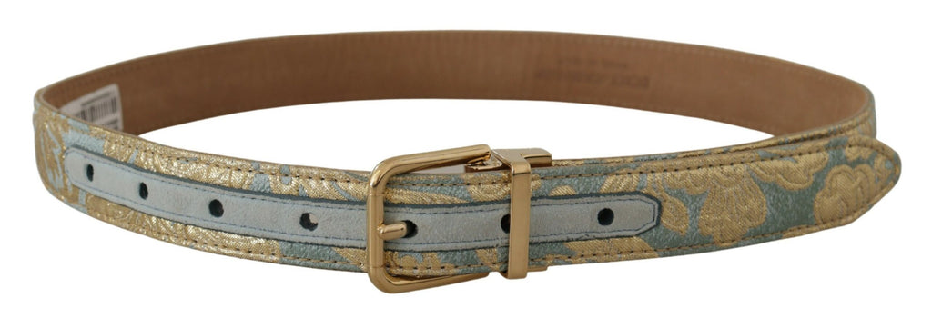 Dolce & Gabbana Blue Leather Jacquard Embossed Gold Metal Buckle Belt - Luxe & Glitz