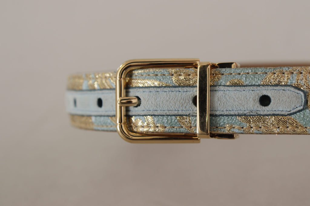 Dolce & Gabbana Blue Leather Jacquard Embossed Gold Metal Buckle Belt - Luxe & Glitz