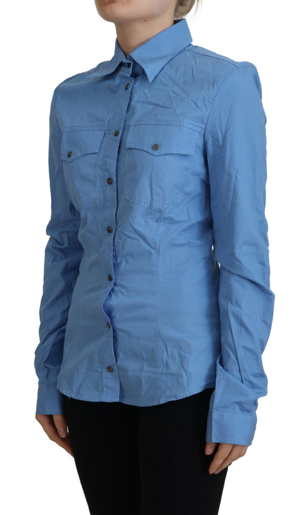 Ferre Blue Cotton Long Sleeves Collared Button Down Top Ferre