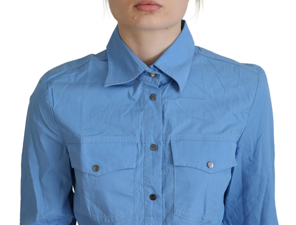 Ferre Blue Cotton Long Sleeves Collared Button Down Top Ferre