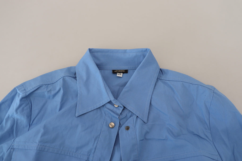 Ferre Blue Cotton Long Sleeves Collared Button Down Top Ferre