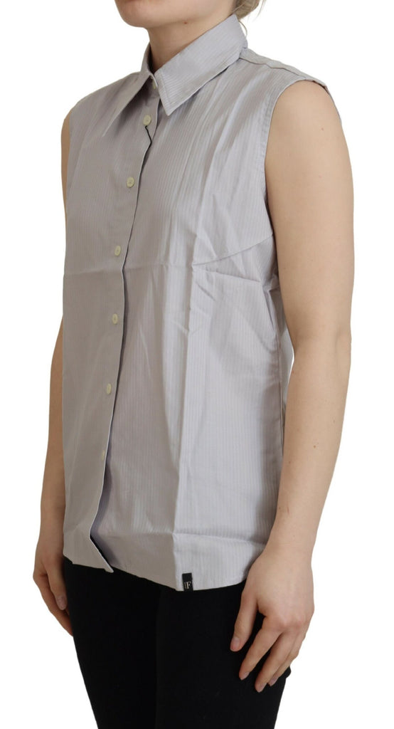 Ferre Light Gray Stripes Cotton Sleeveless Collared Top Ferre