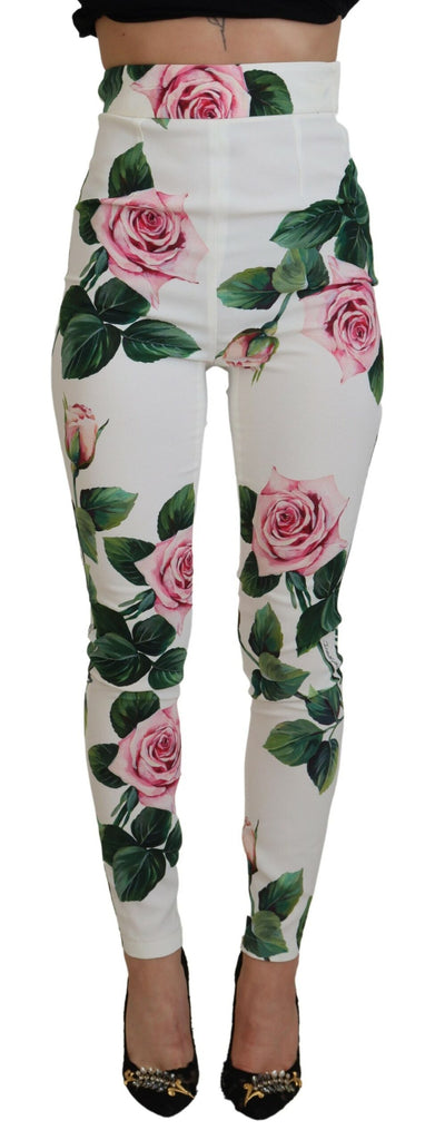 Dolce & Gabbana White Rose Print High Waist Pants Dolce & Gabbana