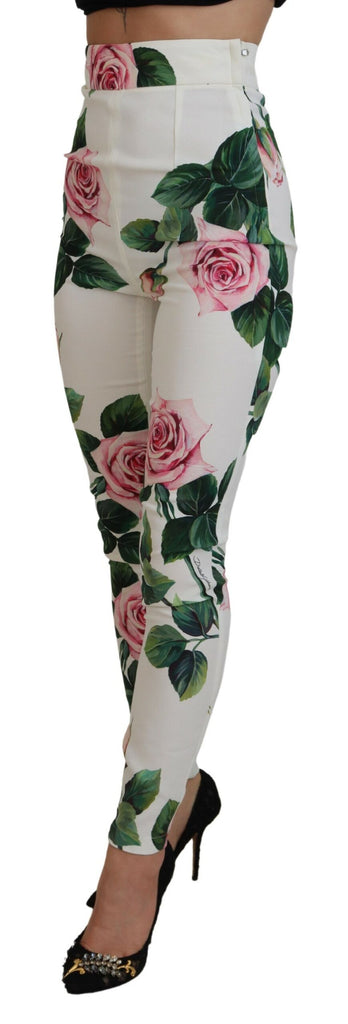 Dolce & Gabbana White Rose Print High Waist Pants Dolce & Gabbana