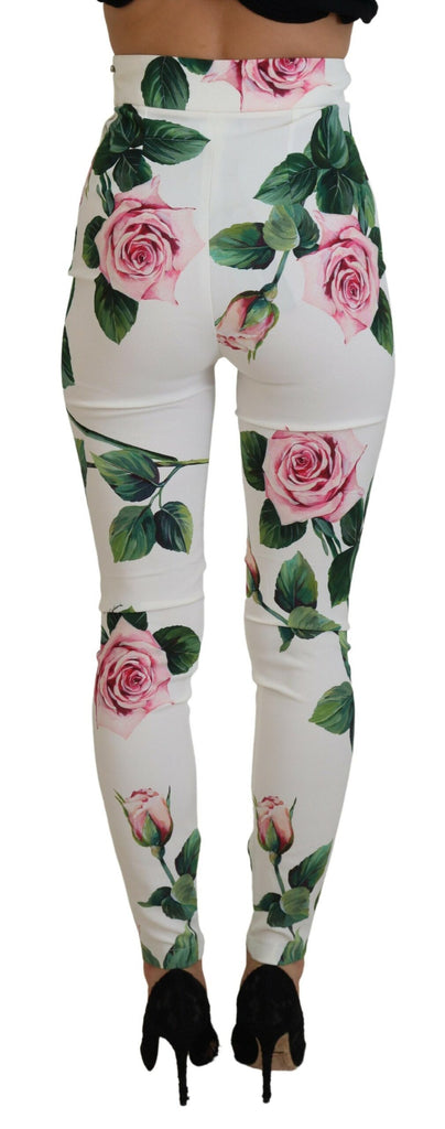 Dolce & Gabbana White Rose Print High Waist Pants Dolce & Gabbana