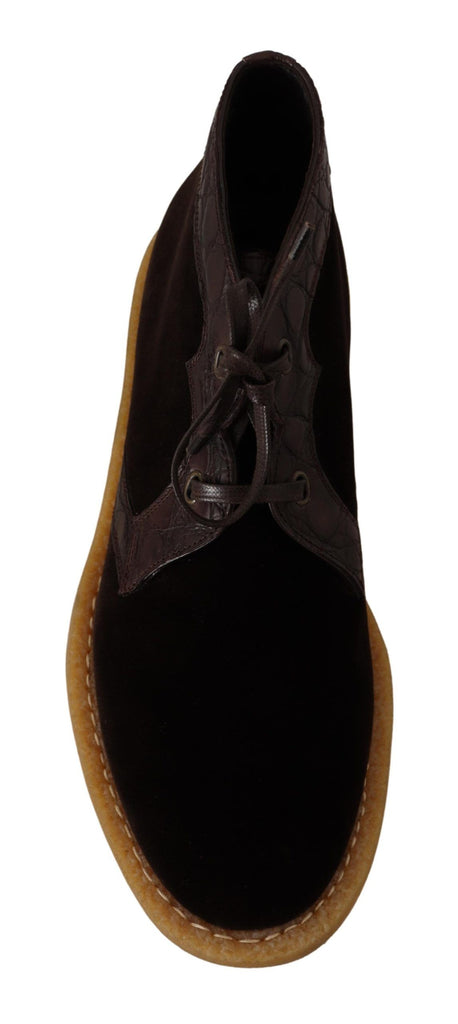 Dolce & Gabbana Brown Velvet Exotic Leather Boots Dolce & Gabbana