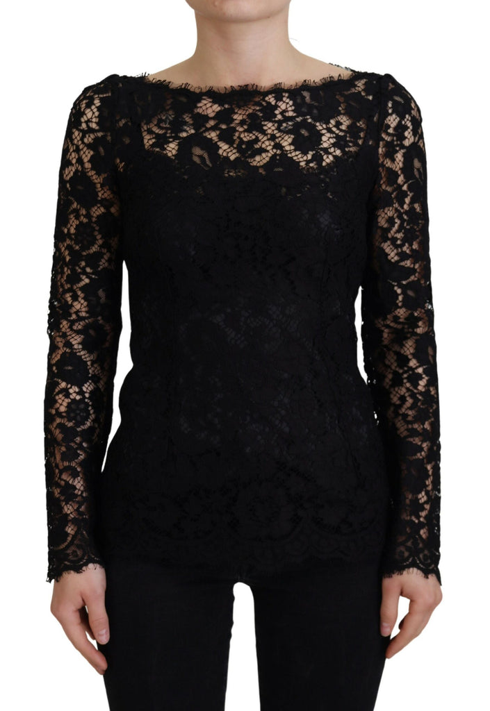 Dolce & Gabbana Black Cotton Lace Trim Long Sleeves Top Dolce & Gabbana