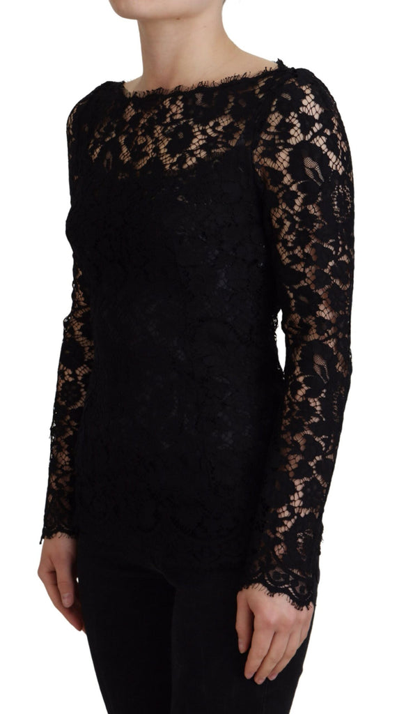 Dolce & Gabbana Black Cotton Lace Trim Long Sleeves Top Dolce & Gabbana