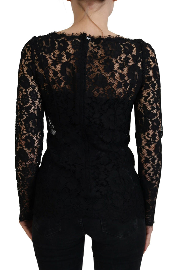 Dolce & Gabbana Black Cotton Lace Trim Long Sleeves Top Dolce & Gabbana