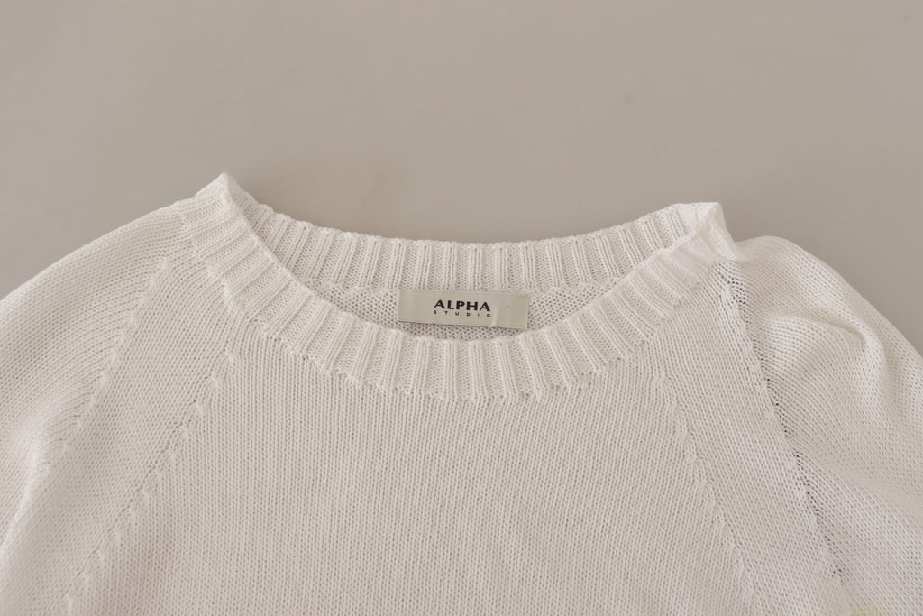 Alpha Studio White Long Sleeves Crewneck Pullover Sweater Alpha Studio