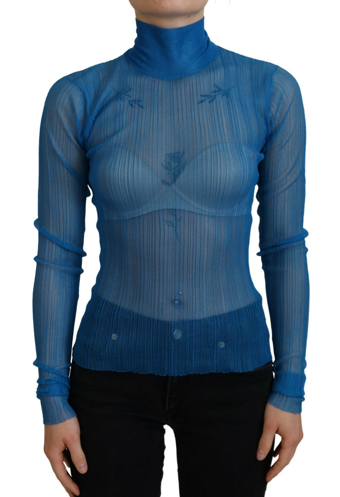 Dolce & Gabbana Blue Mesh Turtleneck Long Sleeve Blouse Top Dolce & Gabbana