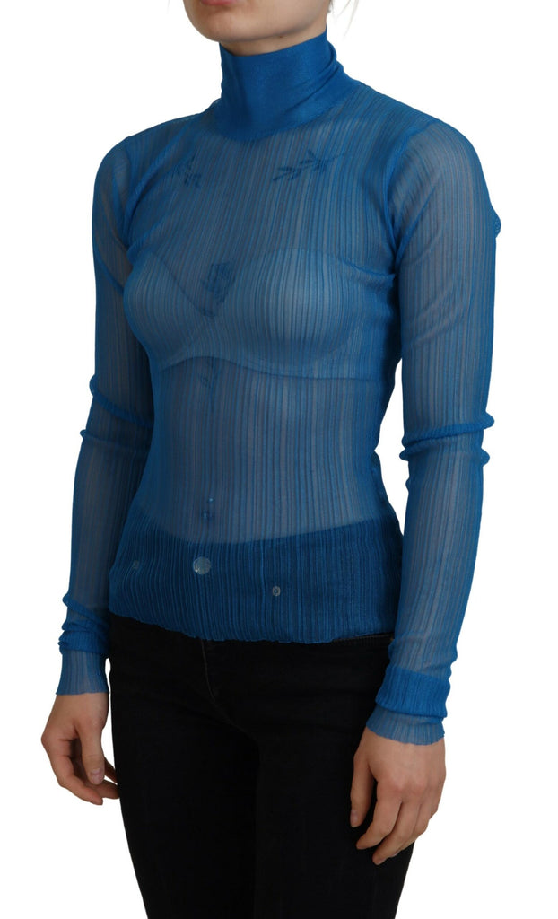 Dolce & Gabbana Blue Mesh Turtleneck Long Sleeve Blouse Top Dolce & Gabbana