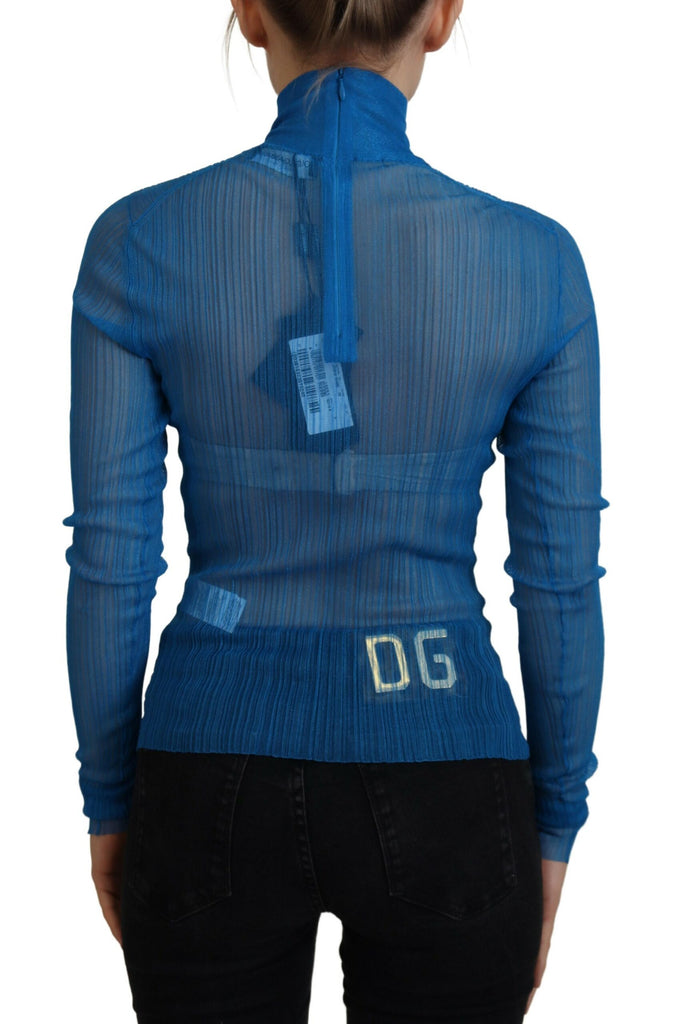 Dolce & Gabbana Blue Mesh Turtleneck Long Sleeve Blouse Top Dolce & Gabbana