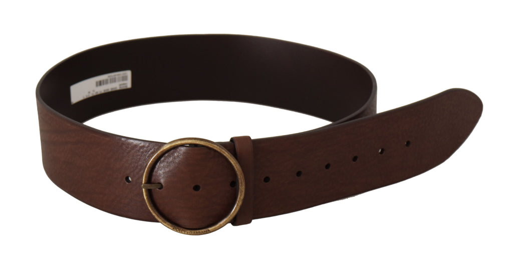 Dolce & Gabbana Brown Leather Wide Waist Logo Metal Round Buckle Belt - Luxe & Glitz