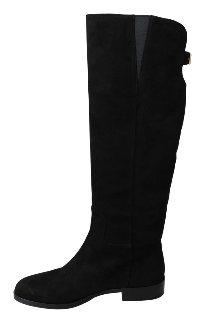 Dolce & Gabbana Black Suede Knee High Flat Boots Shoes Dolce & Gabbana