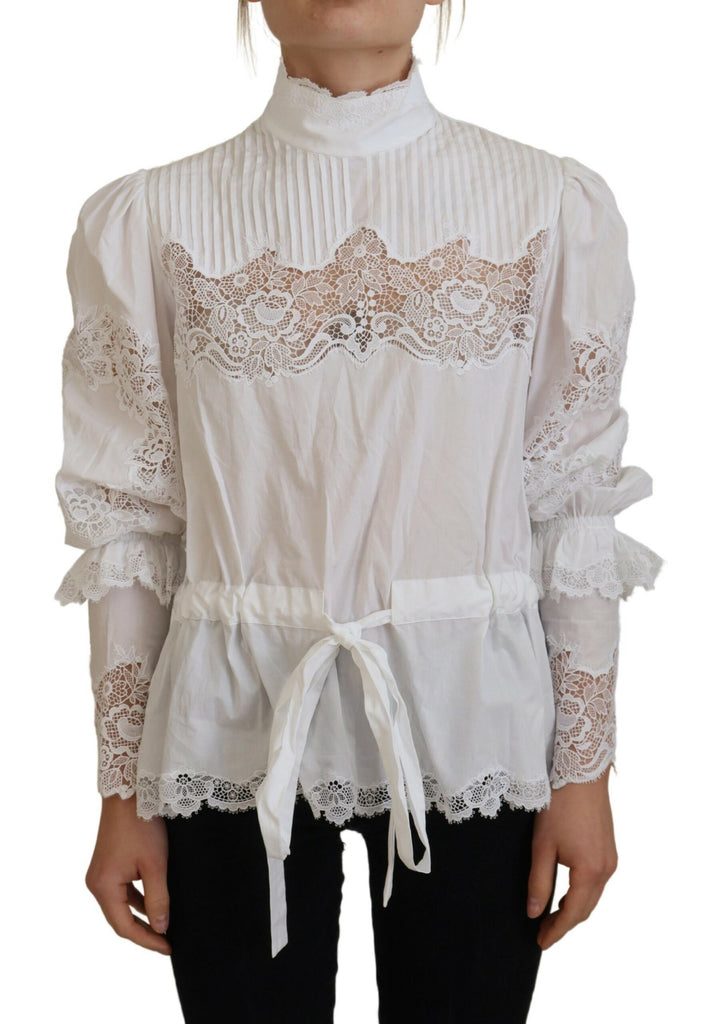 Dolce & Gabbana White Cotton Lace Trim Turtle Neck Blouse Top Dolce & Gabbana