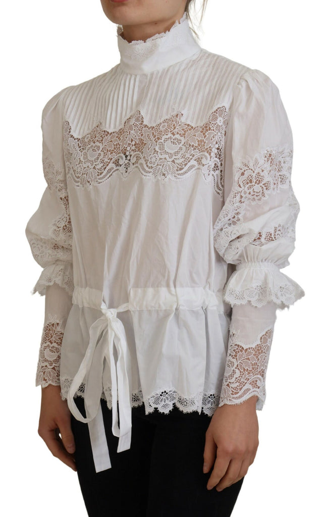 Dolce & Gabbana White Cotton Lace Trim Turtle Neck Blouse Top Dolce & Gabbana