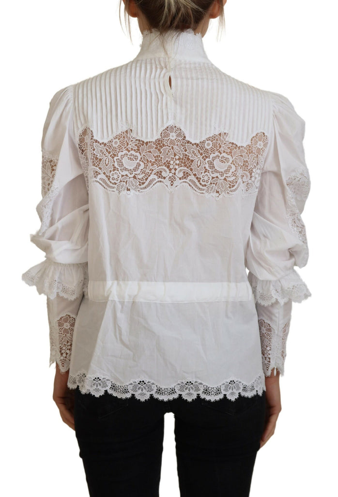 Dolce & Gabbana White Cotton Lace Trim Turtle Neck Blouse Top Dolce & Gabbana