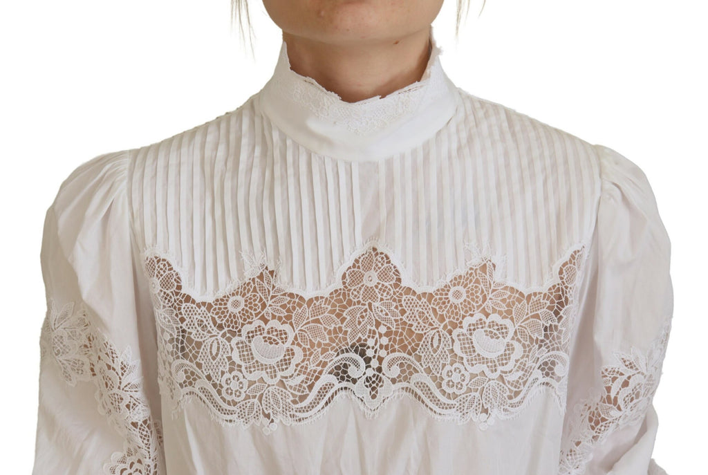 Dolce & Gabbana White Cotton Lace Trim Turtle Neck Blouse Top Dolce & Gabbana