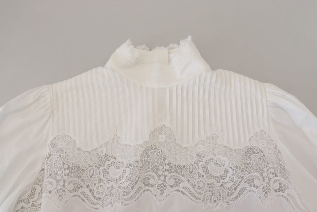 Dolce & Gabbana White Cotton Lace Trim Turtle Neck Blouse Top Dolce & Gabbana