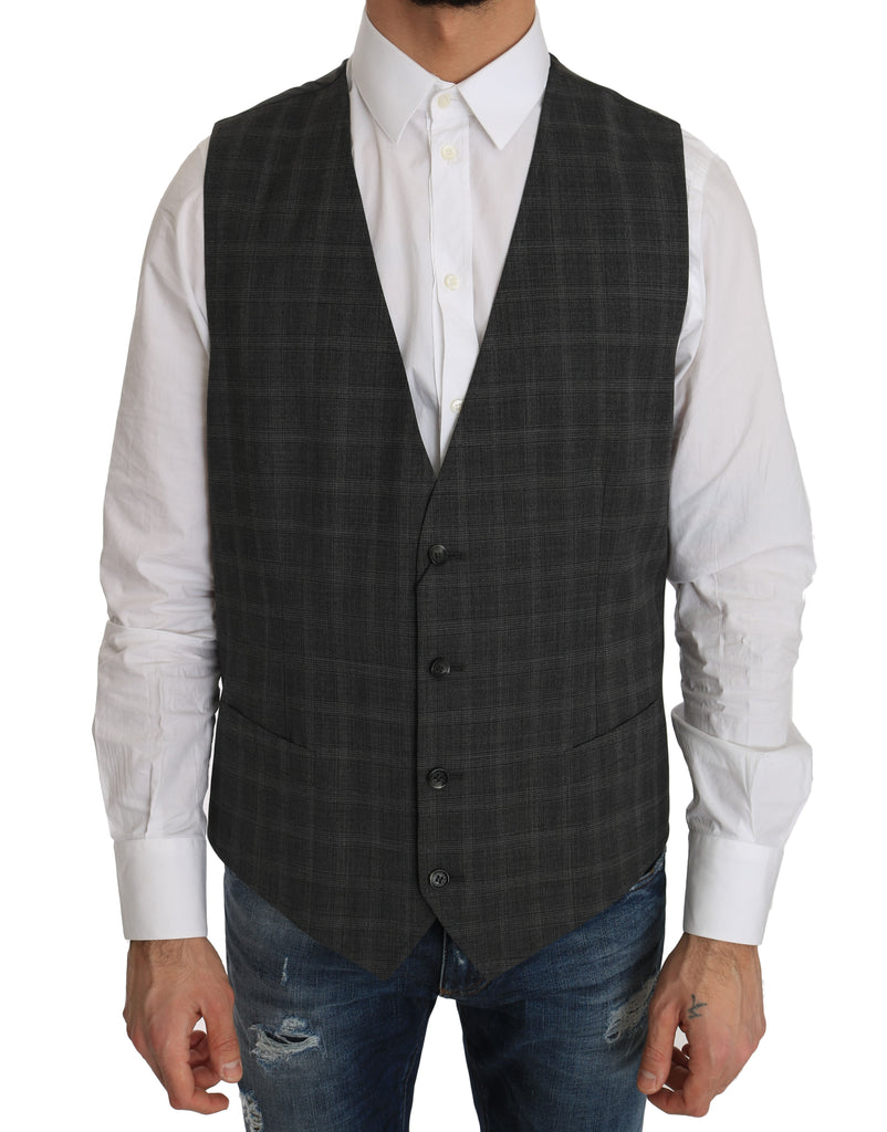 Dolce & Gabbana Gray Wool STAFF Checkered Stretch Vest - Luxe & Glitz