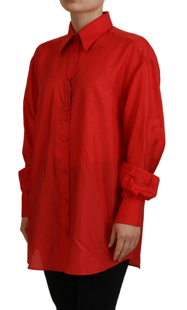 Dolce & Gabbana Red Silk Collared Long Sleeves Dress Shirt Top Dolce & Gabbana