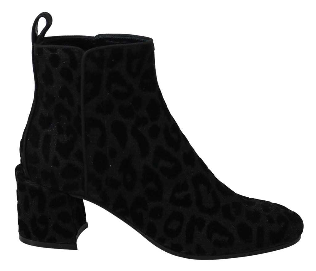 Dolce & Gabbana Black Leopard Short Boots Zipper Shoes Dolce & Gabbana