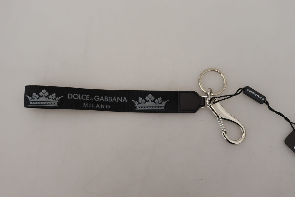 Dolce & Gabbana Black Polyester Logo Silver Tone Brass Keychain - Luxe & Glitz