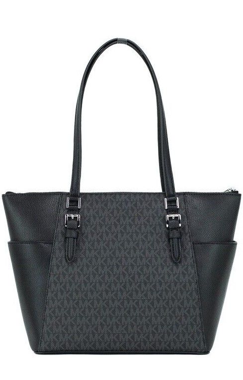 Michael Kors Charlotte Black PVC Leather Large Top Zip Tote Handbag Bag Purse Michael Kors