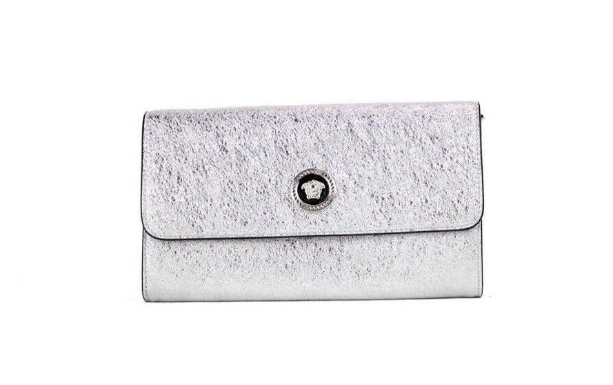 Versace Small Metallic Silver Lamb Leather Medusa Clutch Crossbody Wallet Bag Versace