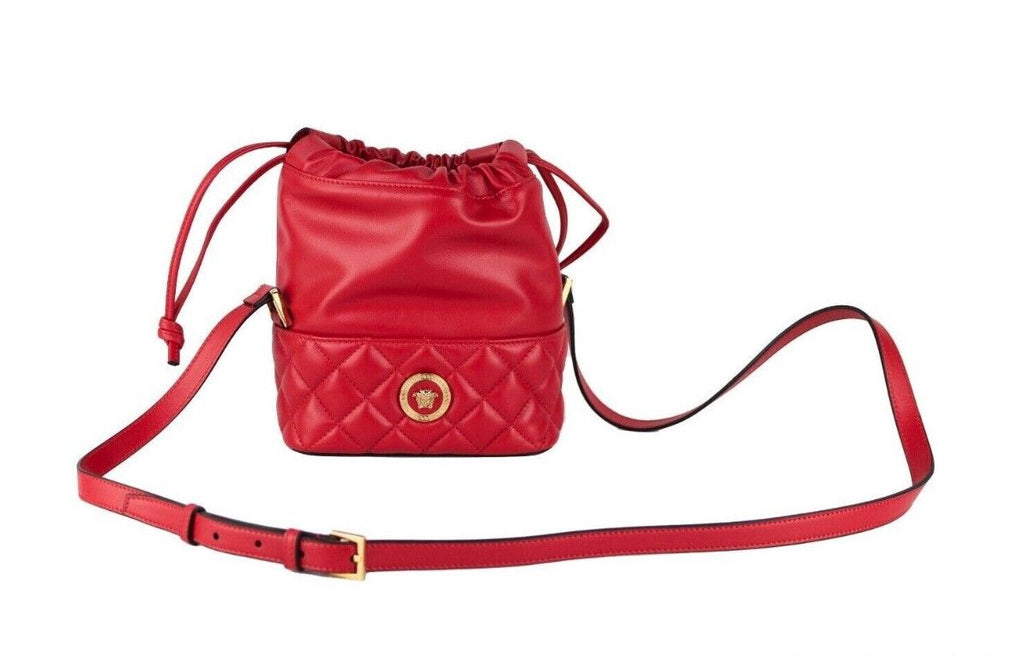 Versace Red Quilted Leather Drawstring Shoulder Bag Bucket Crossbody Handbag Versace