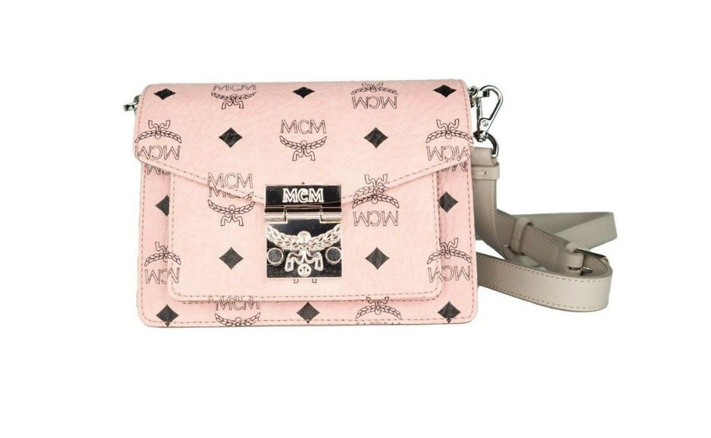 MCM Signature Soft Pink Diamond Logo Leather Mini Flap Lock Crossbody Handbag MCM