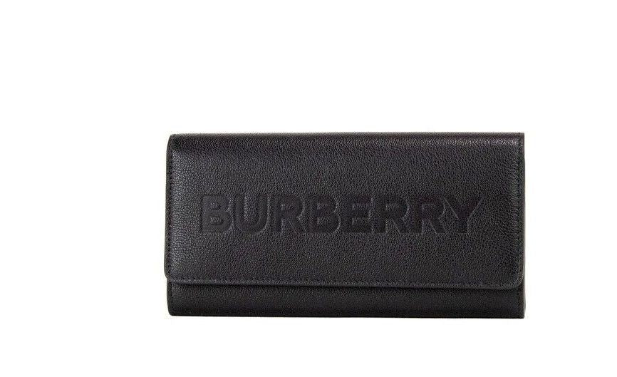 Burberry Porter Black Grained Leather Branded Logo Embossed Clutch Flap Wallet Burberry